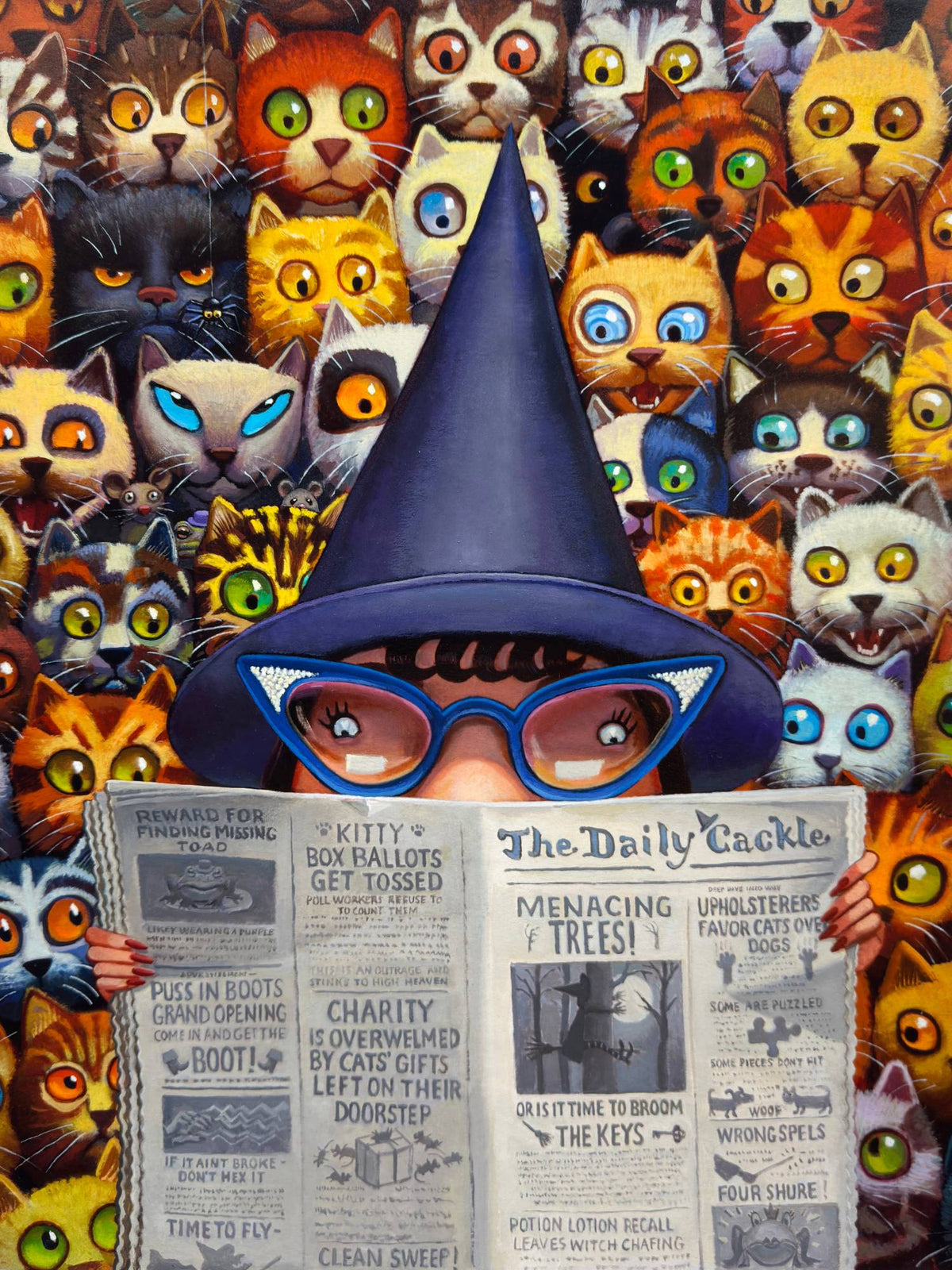 Curious Cats artwork by Mark Buehner: a witch reading The Daily Cackle surrounded by cats