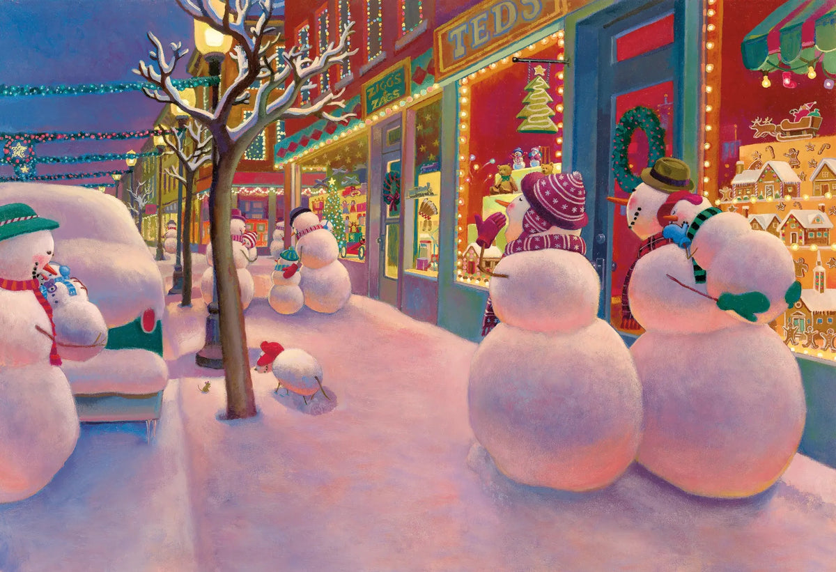 Heading Home artwork by Mark Buehner: snowmen on a lit-up shopping street