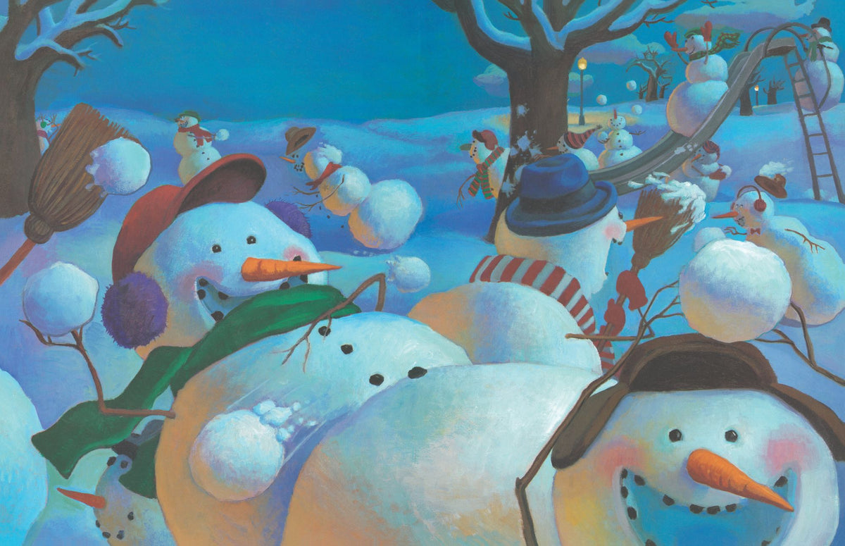 Snowball Fight artwork by Mark Buehner: snowmen mid-battle at night