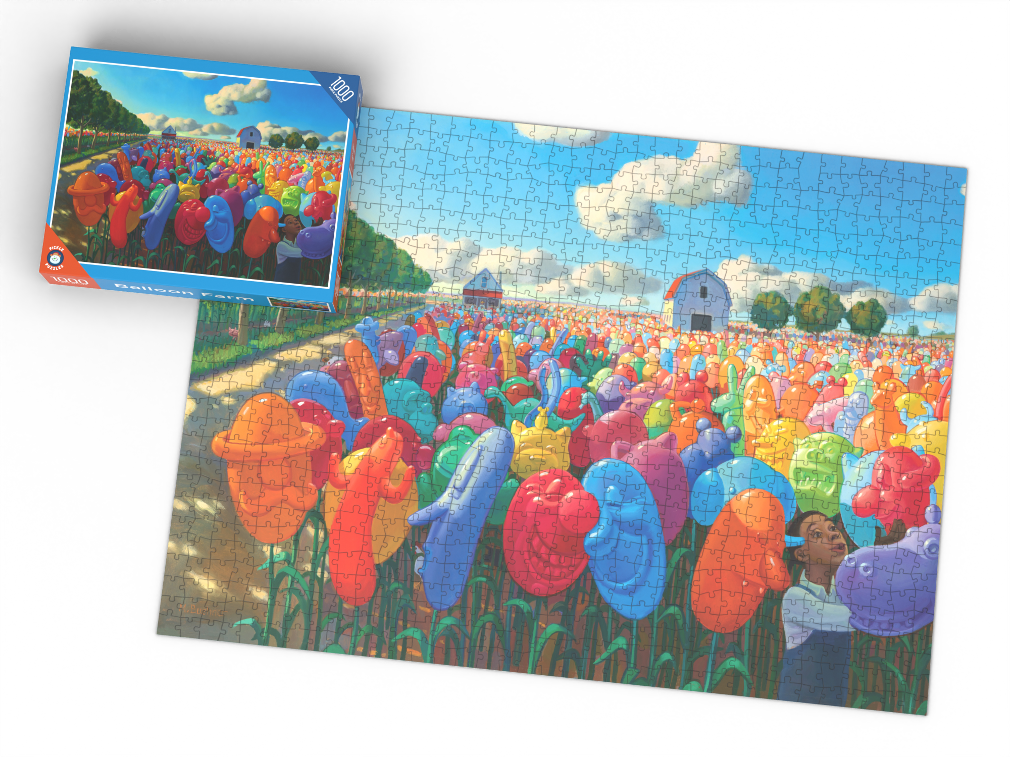 Balloon Farm puzzle box beside the completed puzzle