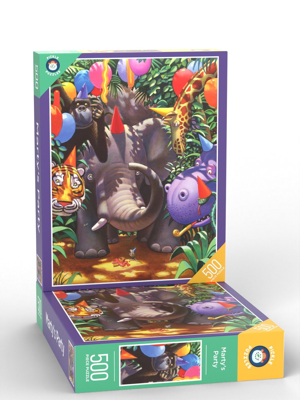 Marty's Party puzzle box stacked on a second box