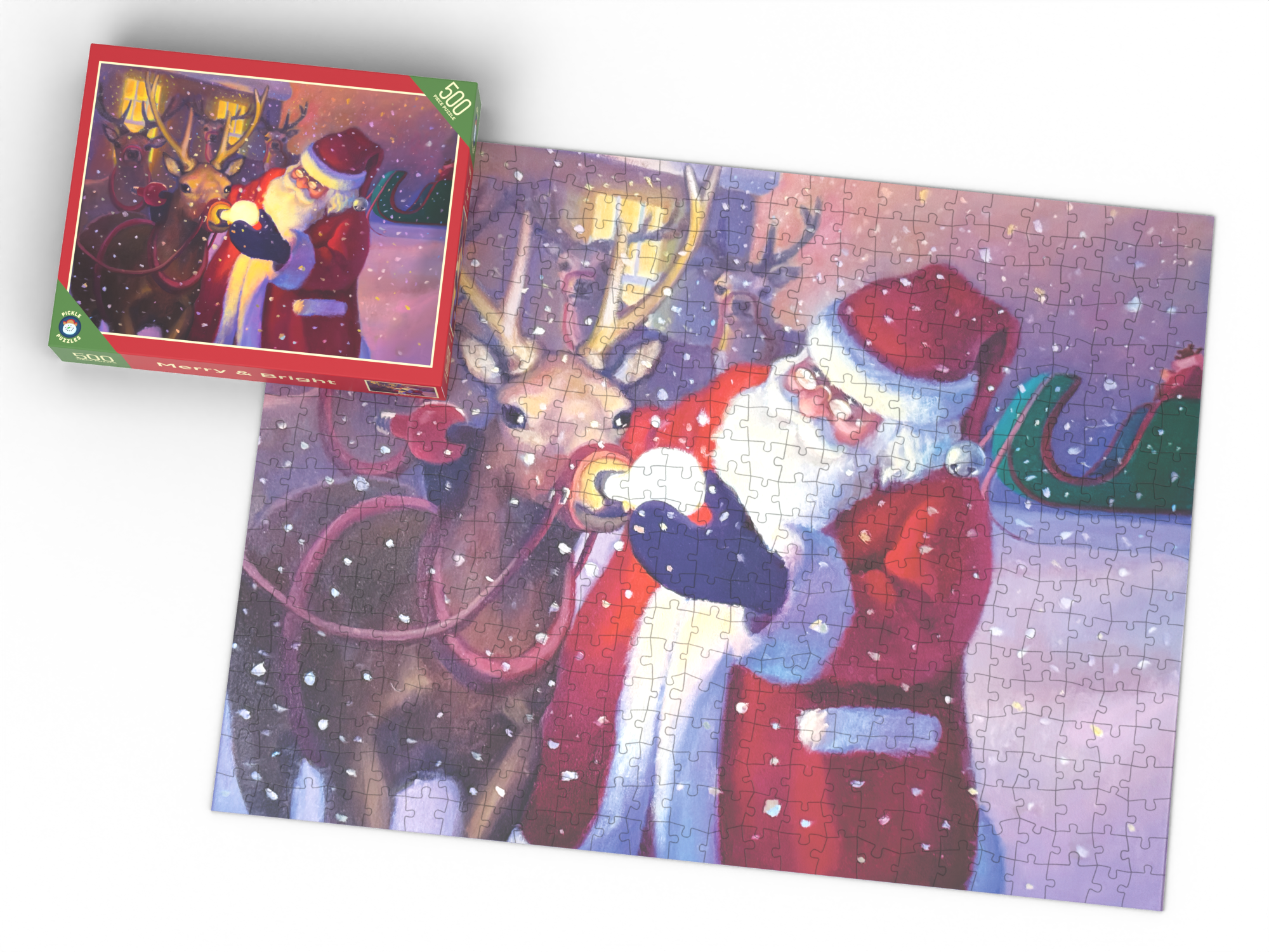 Merry & Bright puzzle box beside the completed puzzle