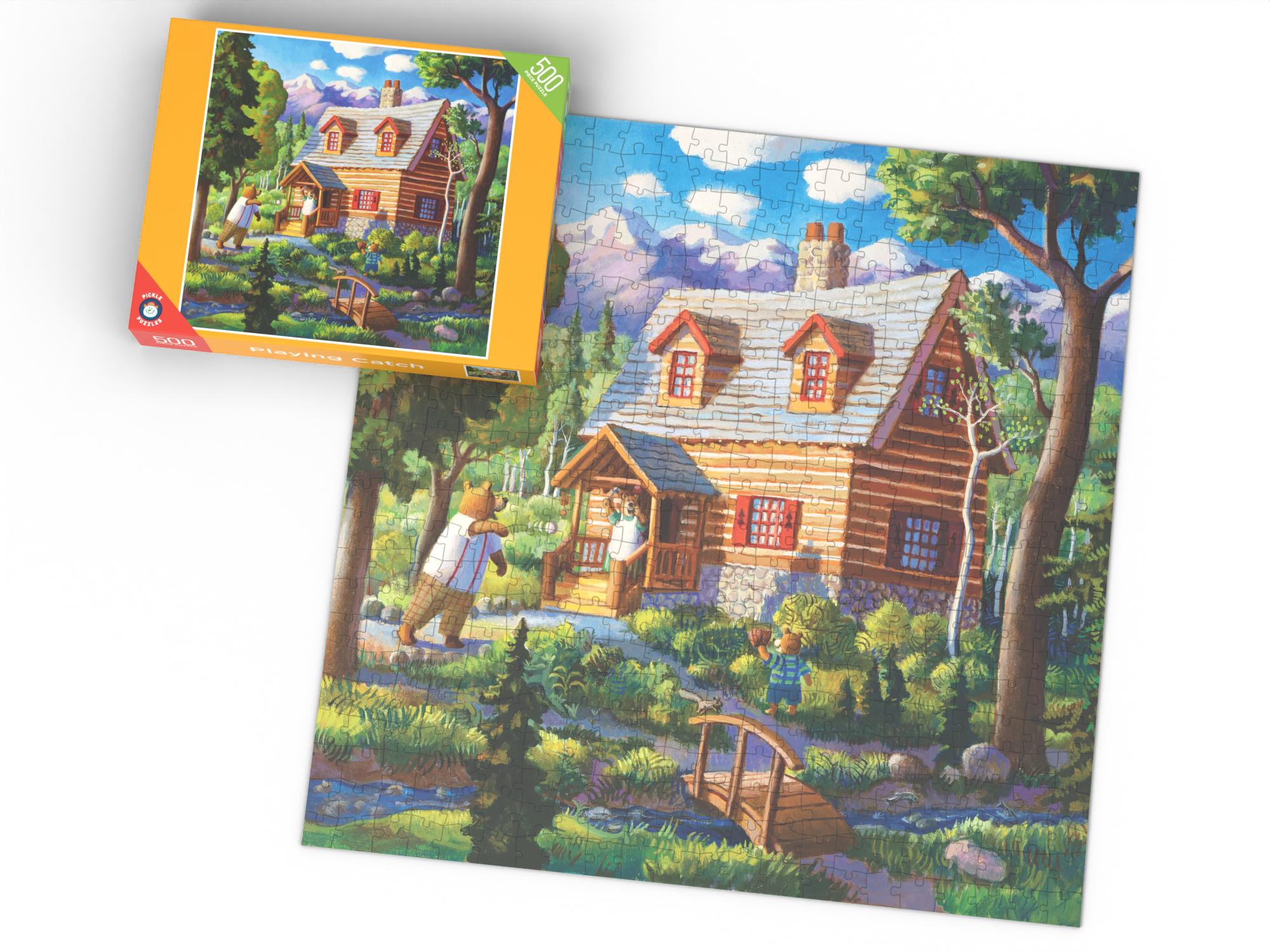 Playing Catch puzzle box beside the completed puzzle