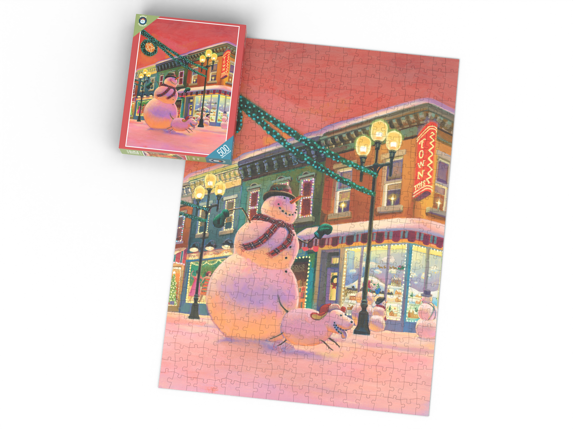Snow Aglow puzzle box beside the completed puzzle